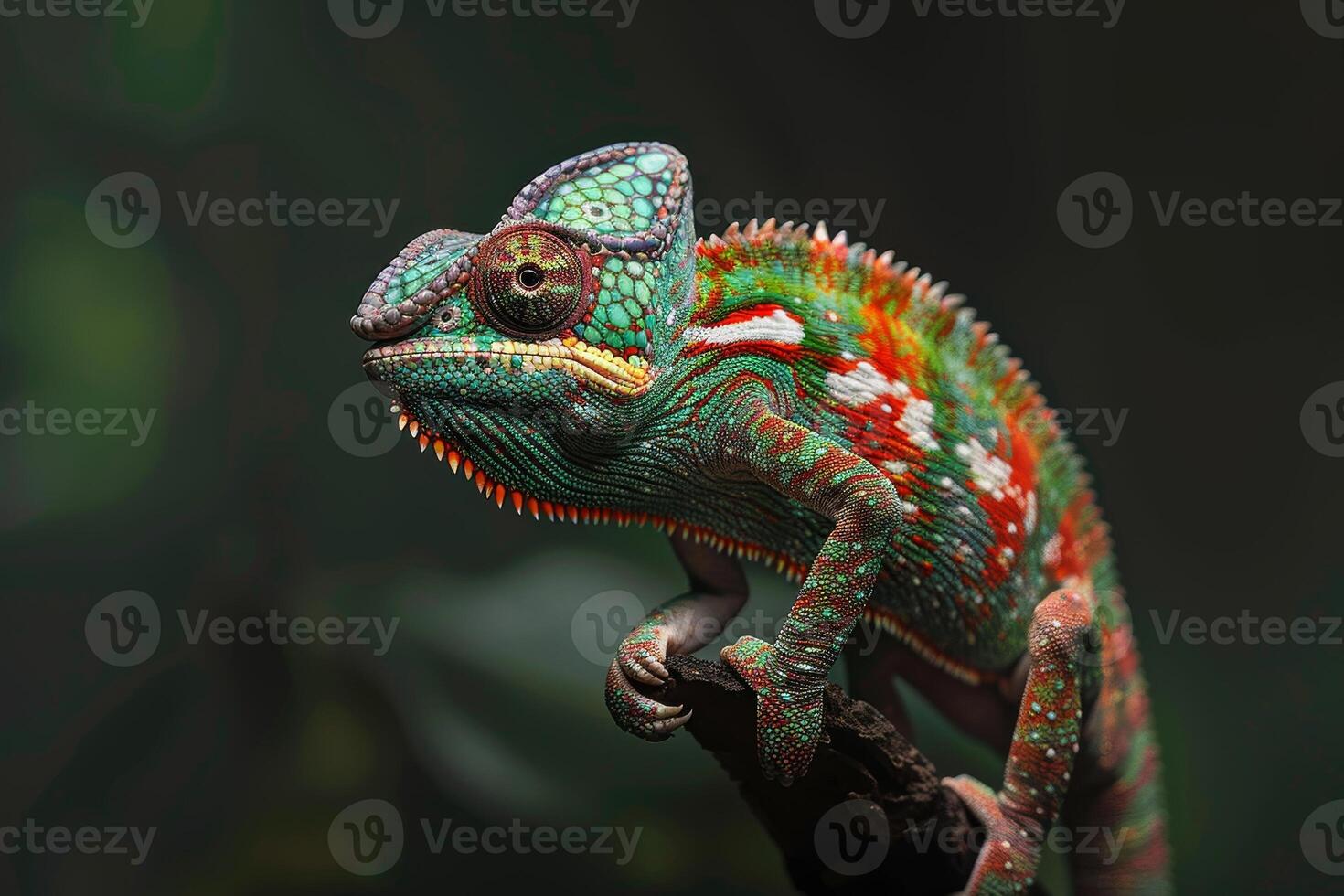 A colorful chameleon is sitting on a branch photo