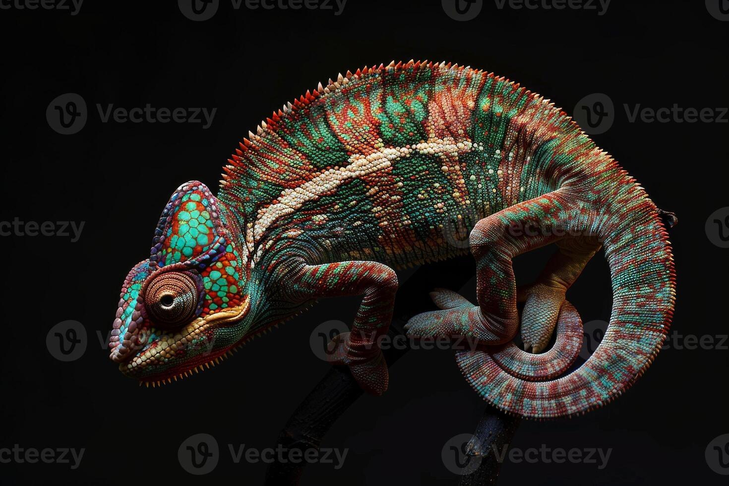 A chameleon is sitting on a branch photo
