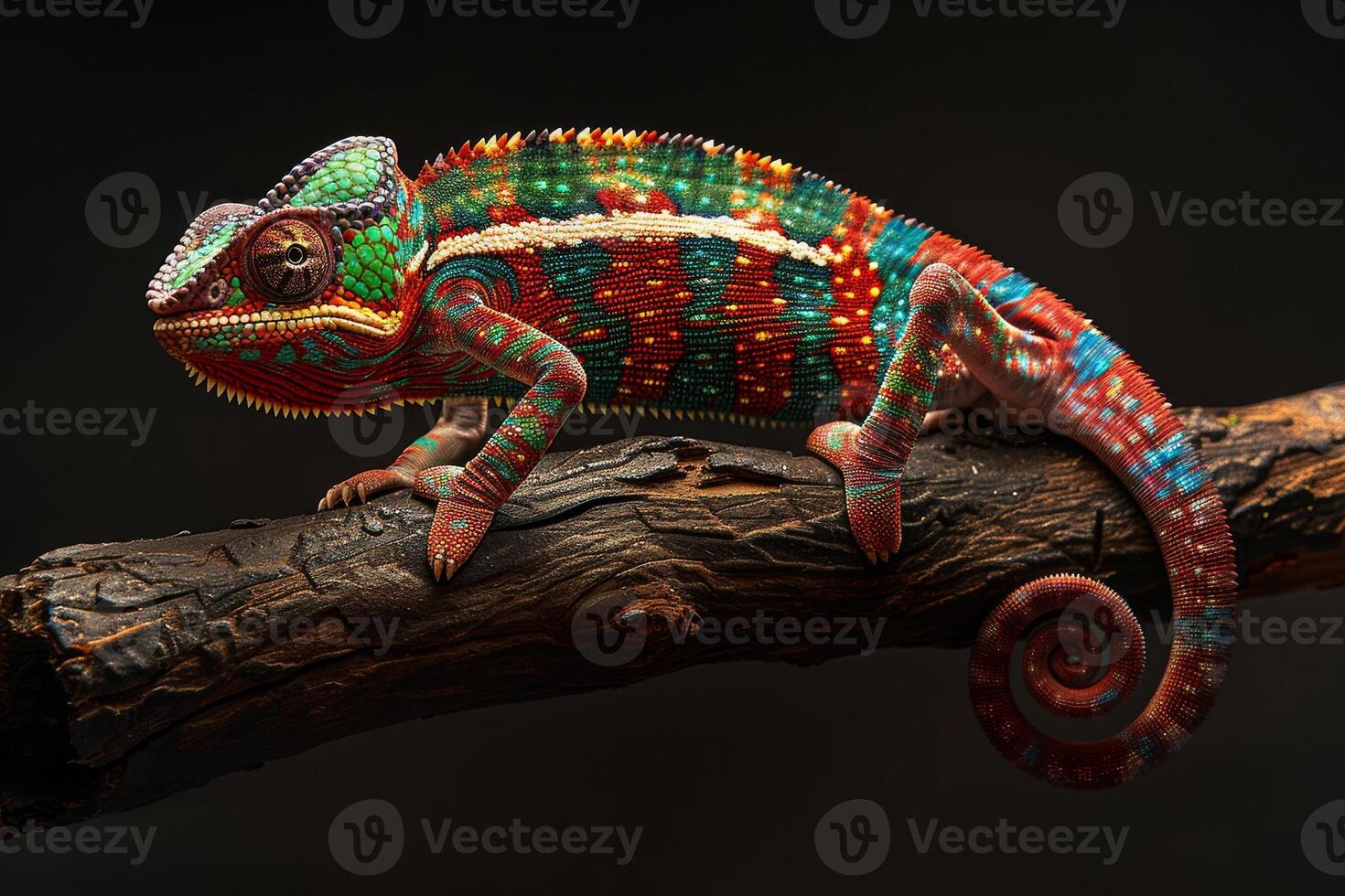 A colorful chameleon is sitting on a branch photo