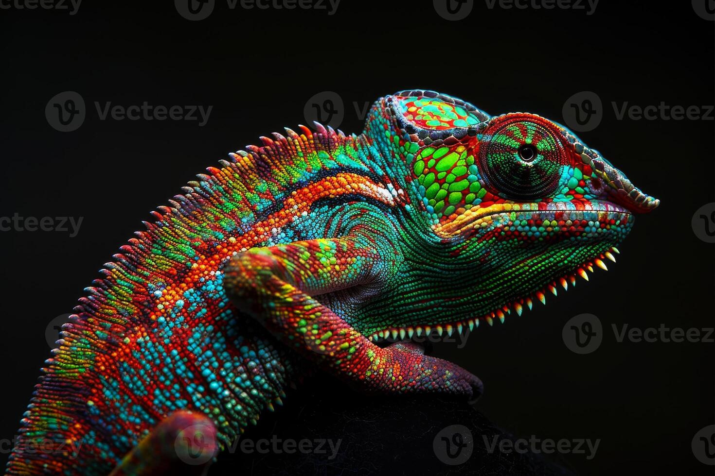 A colorful chameleon is sitting on a black background photo