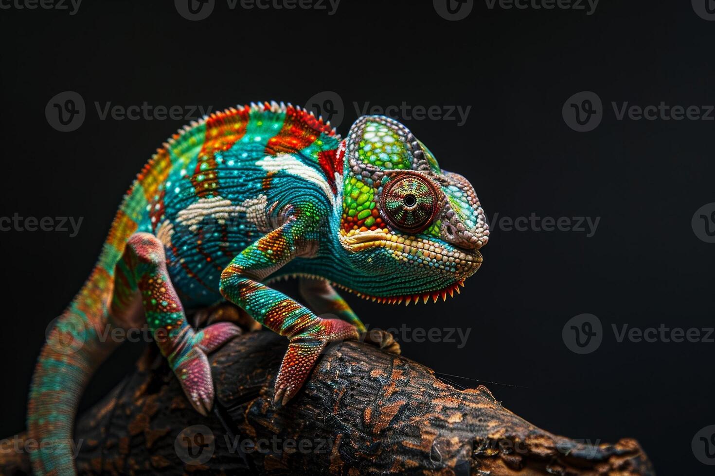 A colorful chameleon is sitting on a branch photo