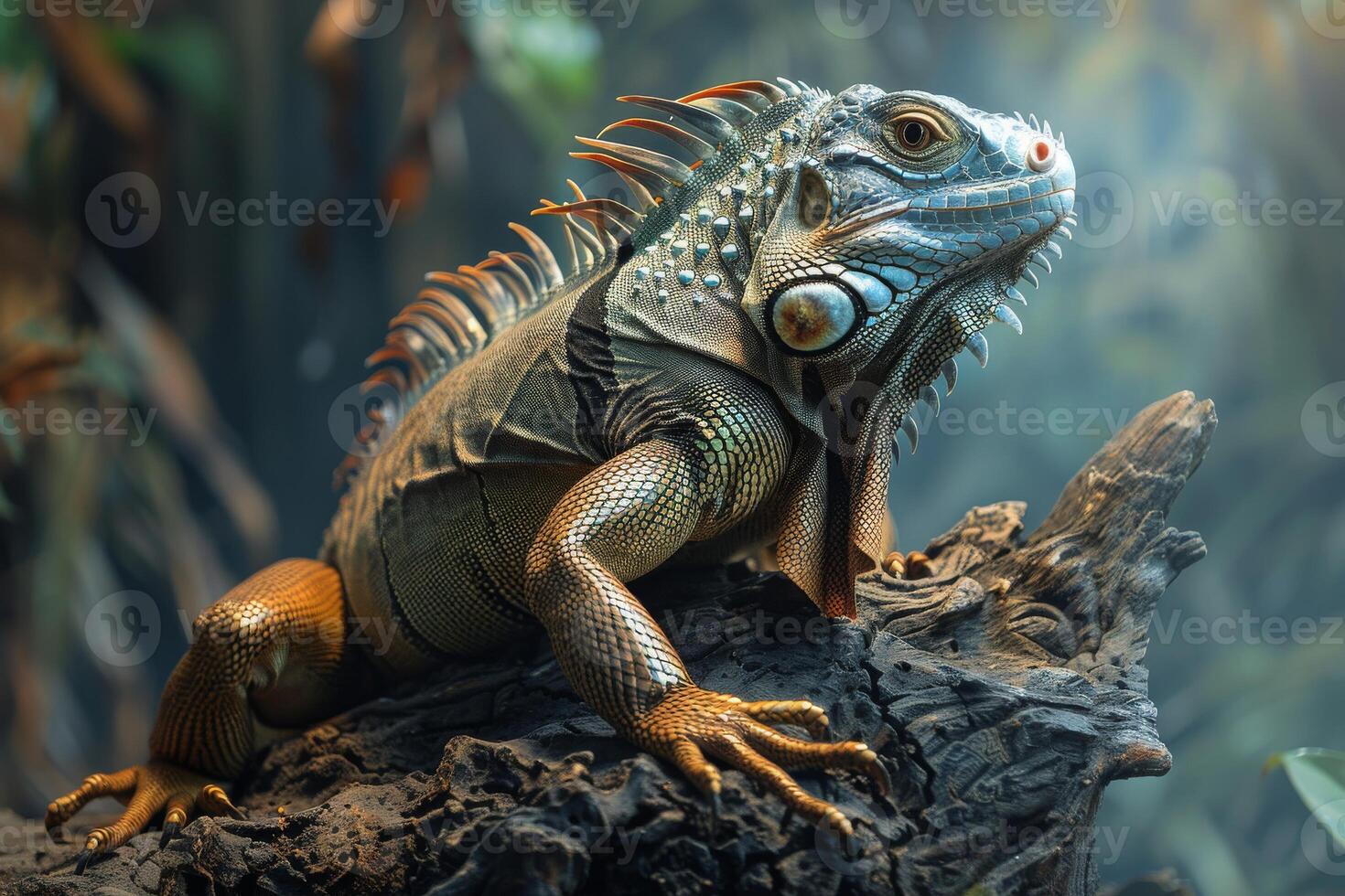 An iguana is sitting on a tree branch photo