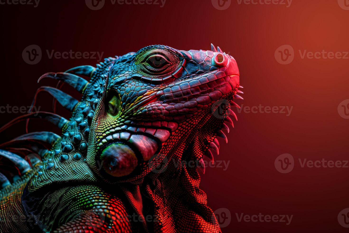An iguana with colorful eyes and a red background photo