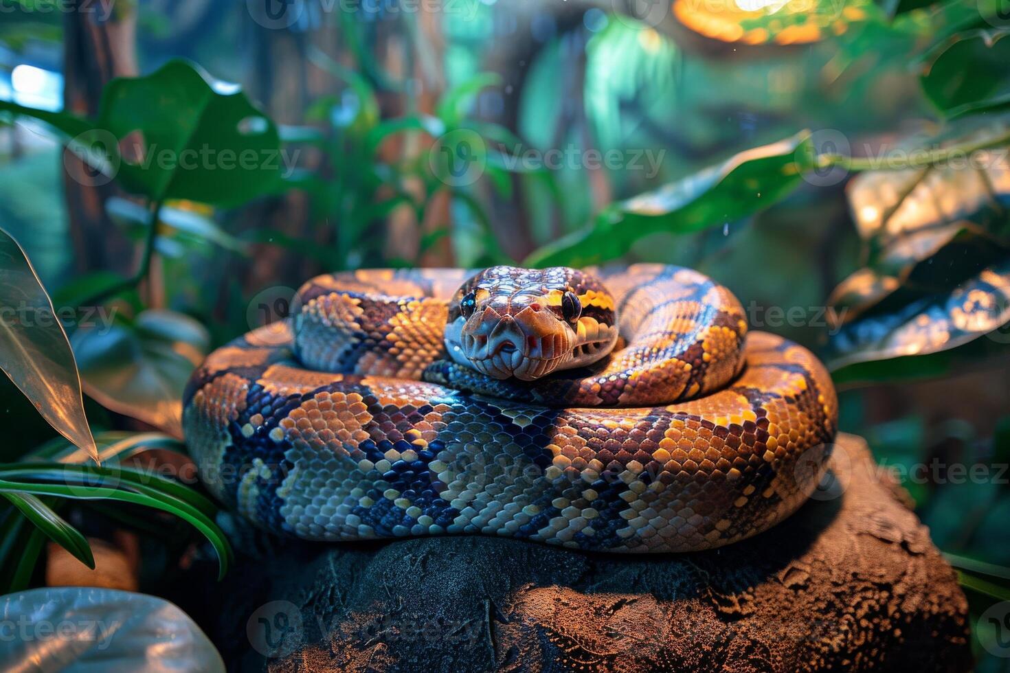 A snake is curled up on a rock photo