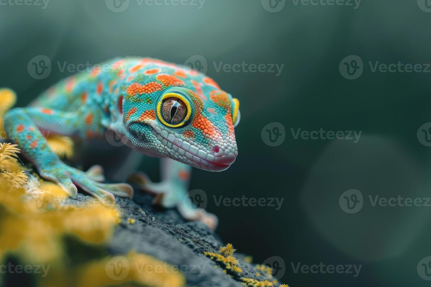 A geckole with bright green eyes and a yellow and orange face photo