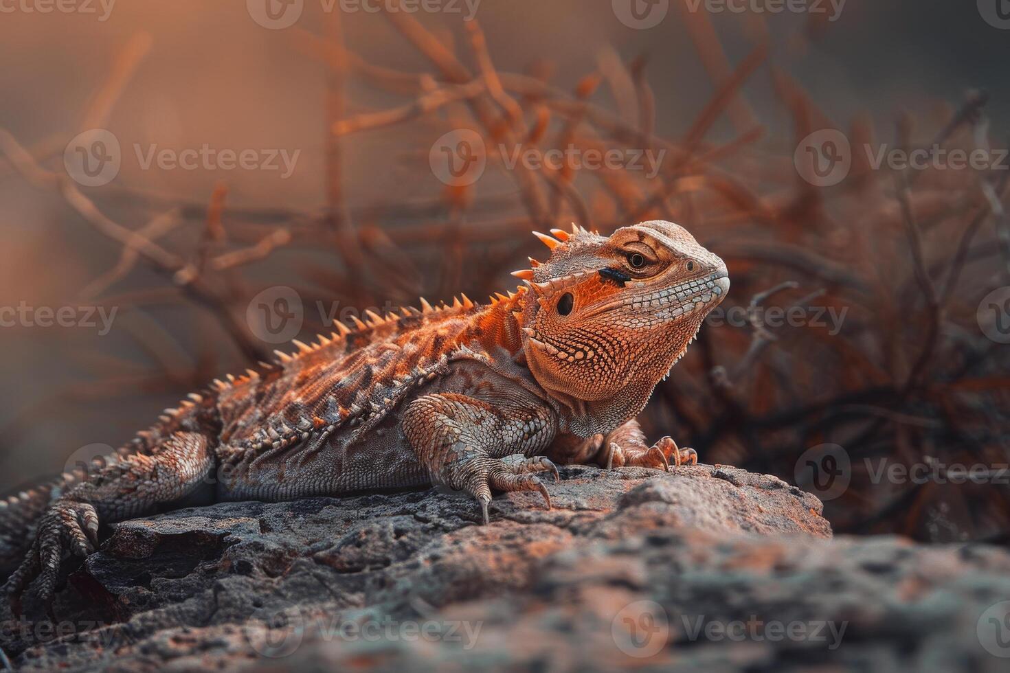 A bearded lizard sitting on a rock in the desert photo