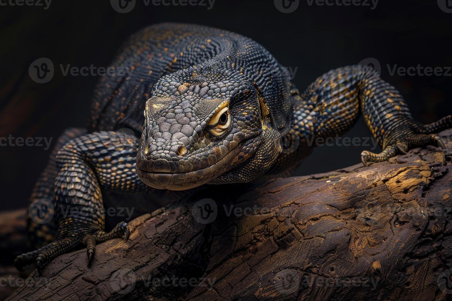 A monitor lizard is sitting on a log photo