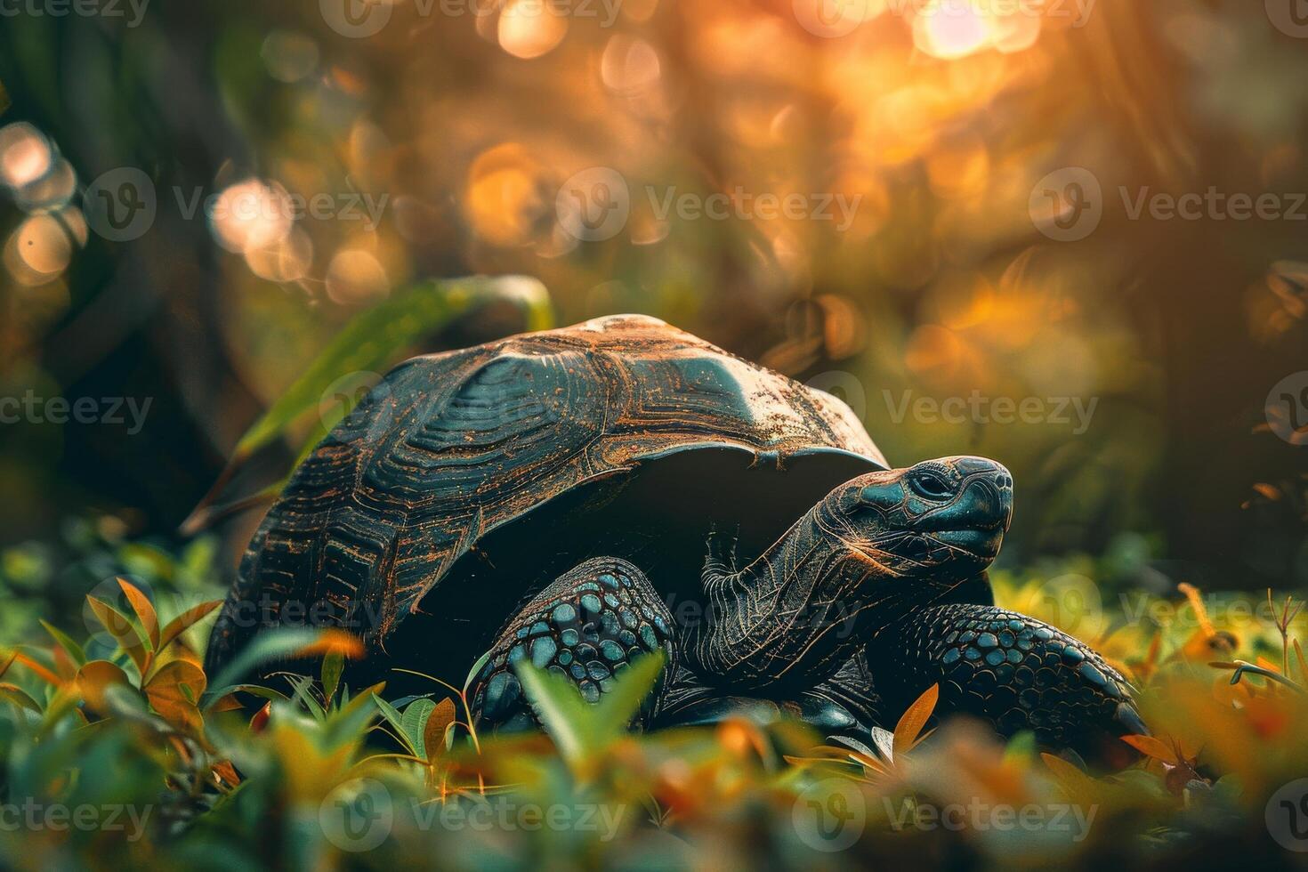 A turtle is walking in the grass with a bird photo
