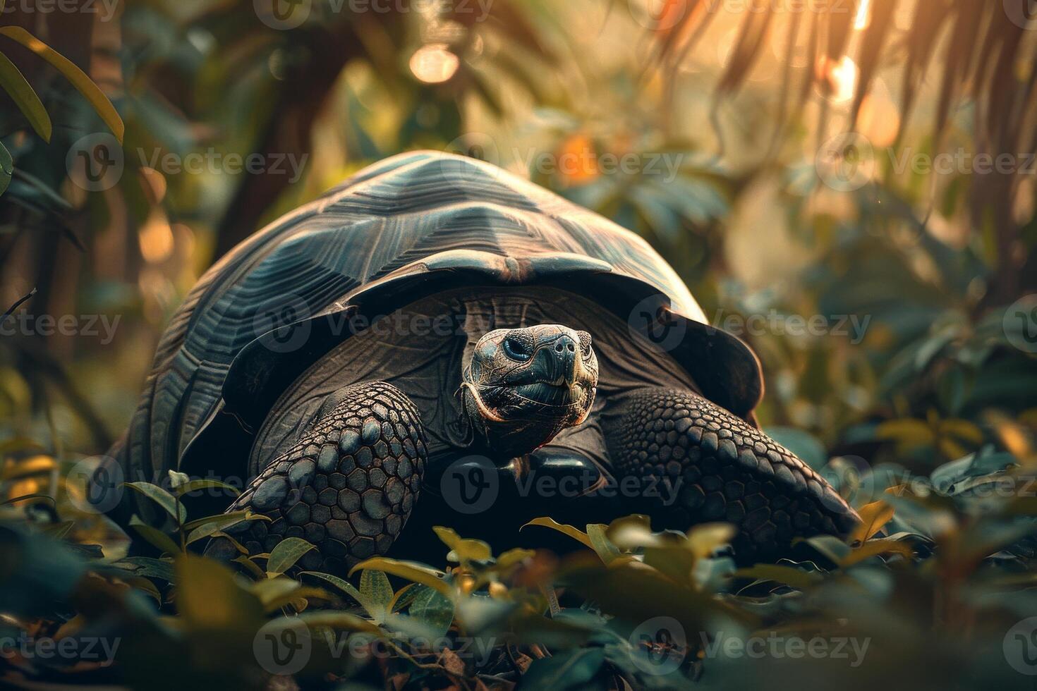 A large tortoise is walking through the jungle photo