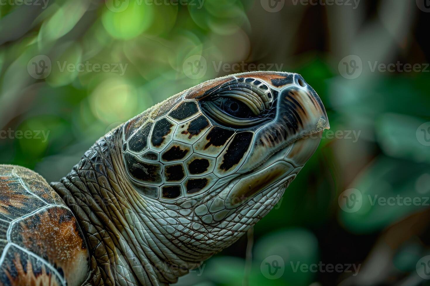 A close up of a turtle with its head turned to the side photo