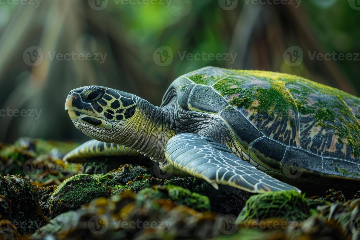 A green turtle is sitting on the ground in the jungle photo