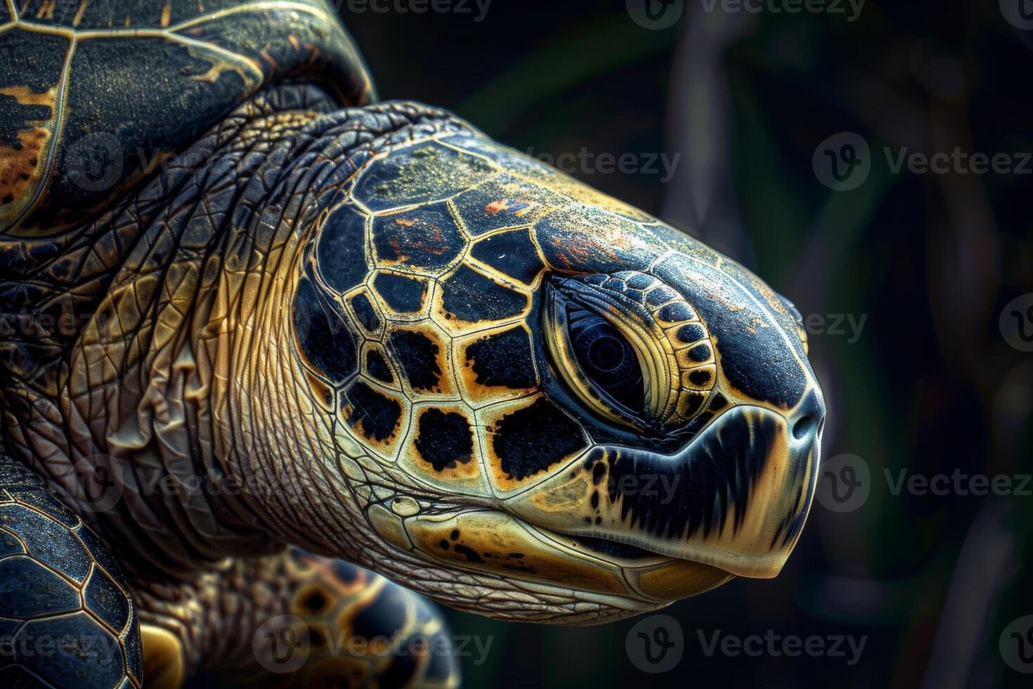 A close up of a turtle with a black background photo