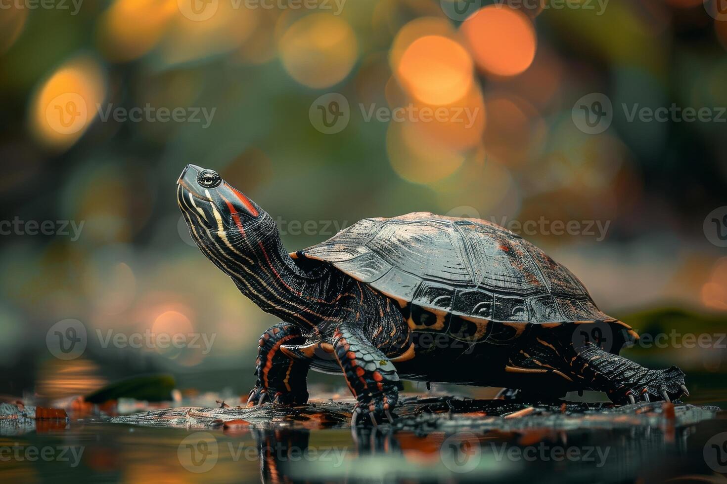 A turtle is walking on the water in front of a blurry background photo
