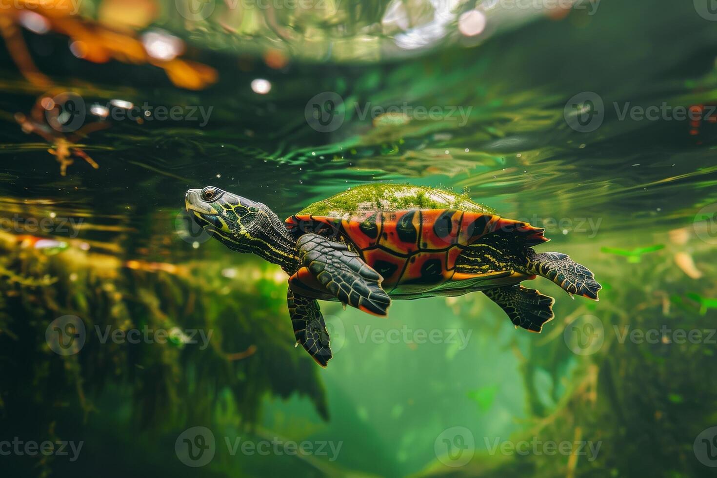 A turtle swimming in the water with its head above the water photo