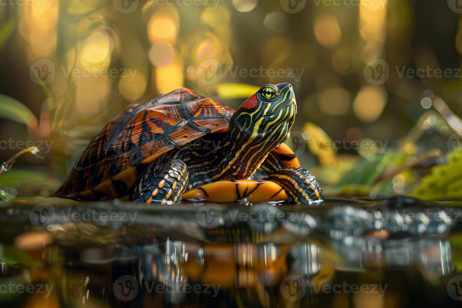 A red eared slider turtle is sitting on the water photo