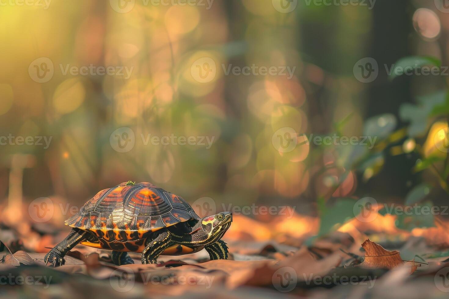 A turtle walking through the leaves in the forest photo