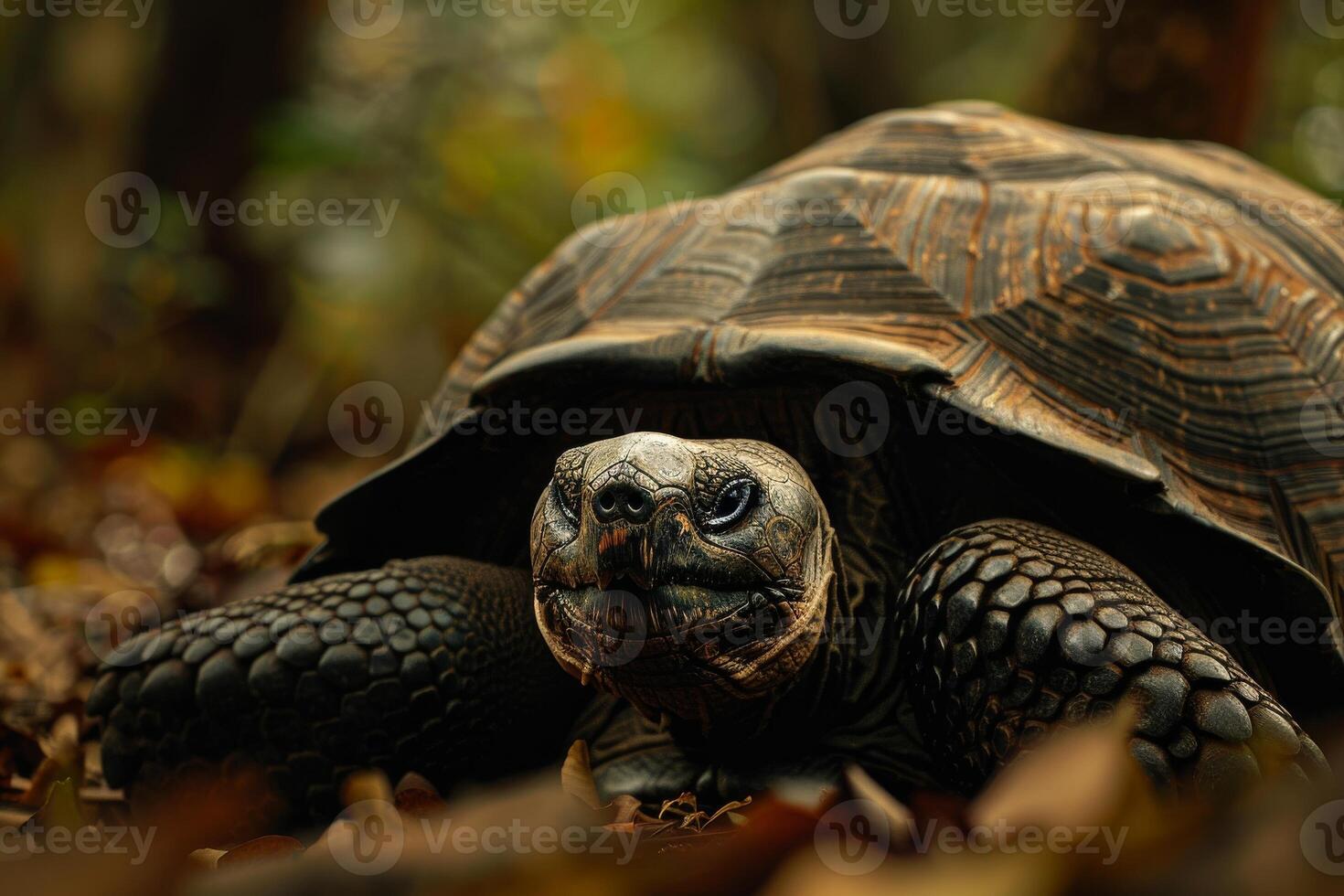 A large tortoise walking through the woods photo