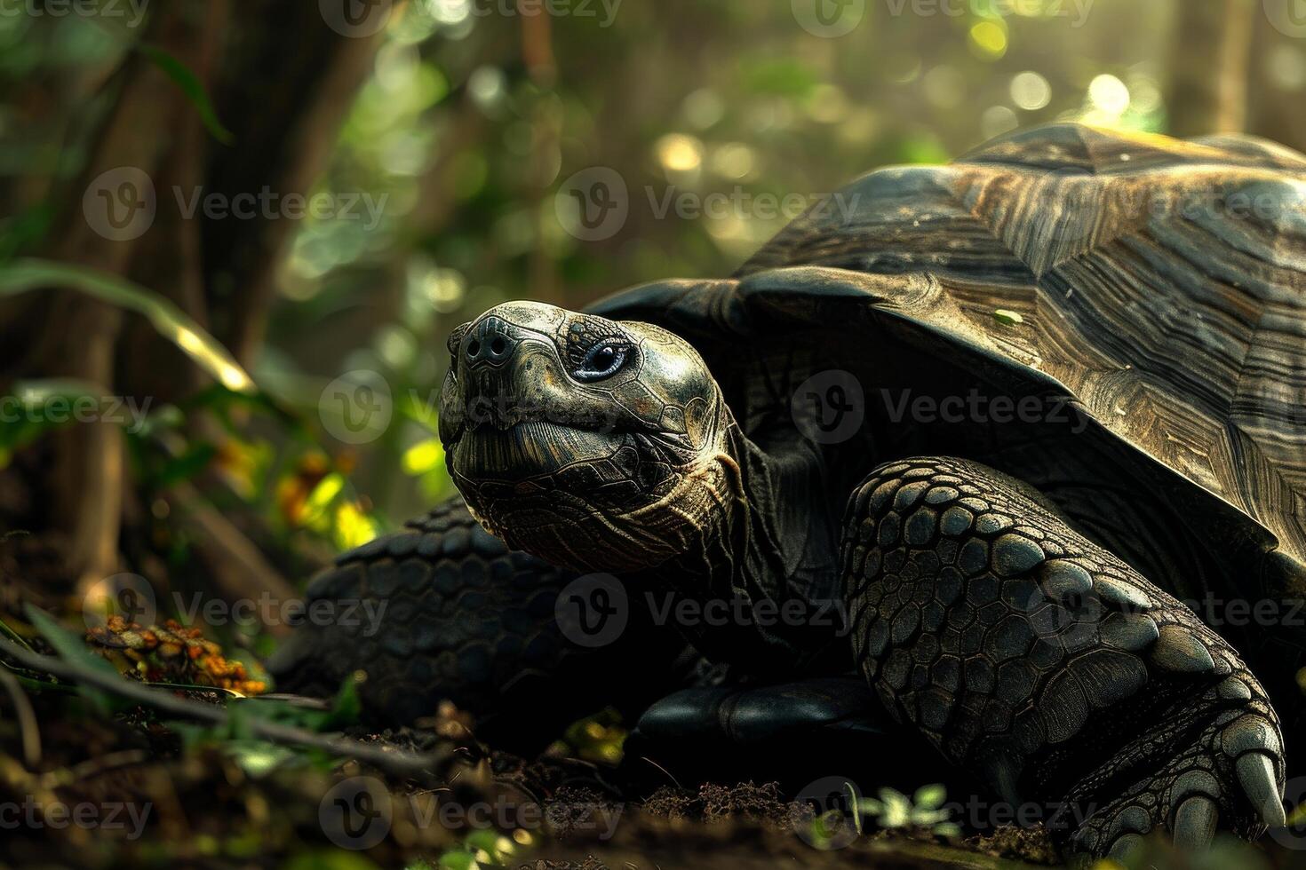 A large tortoise walking through the woods photo