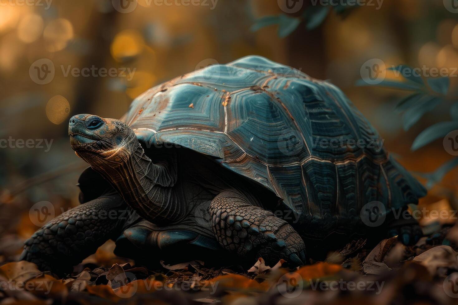 A turtle is walking through the woods photo