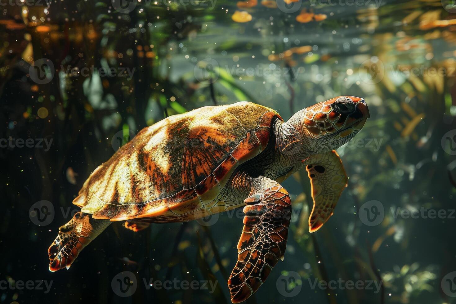 A turtle swimming in the water with algae photo