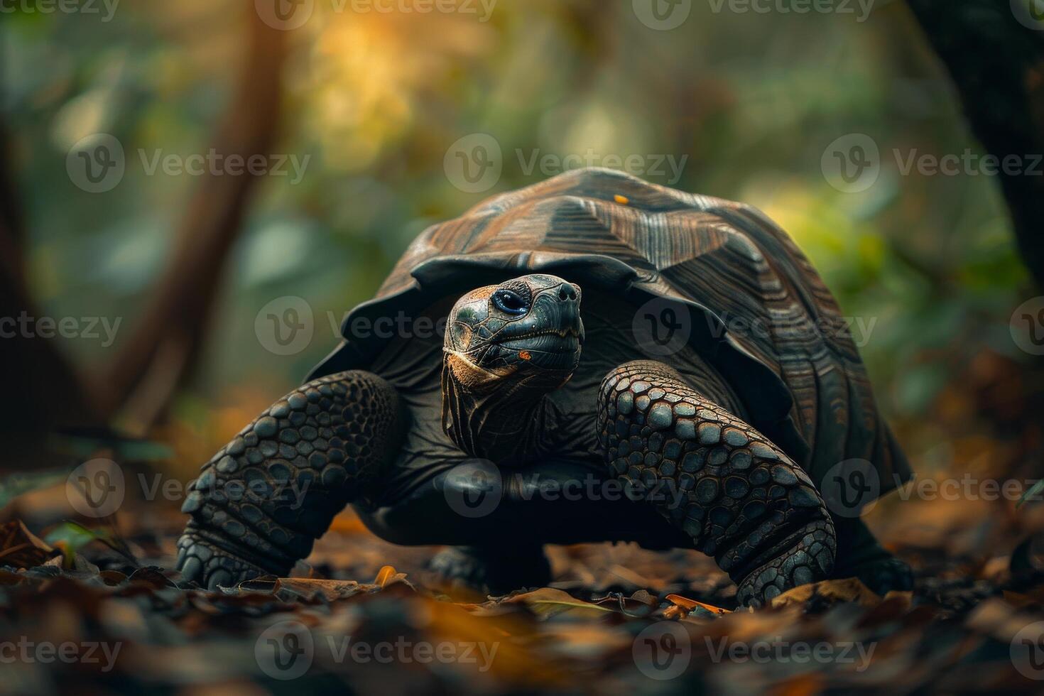 A large tortoise walking through the woods photo