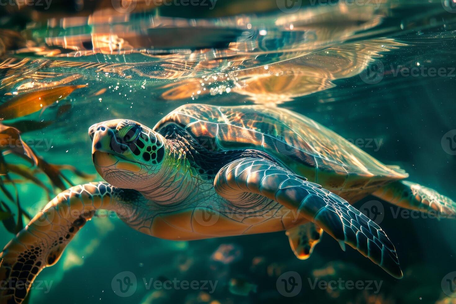 A turtle swimming in the ocean with algae photo