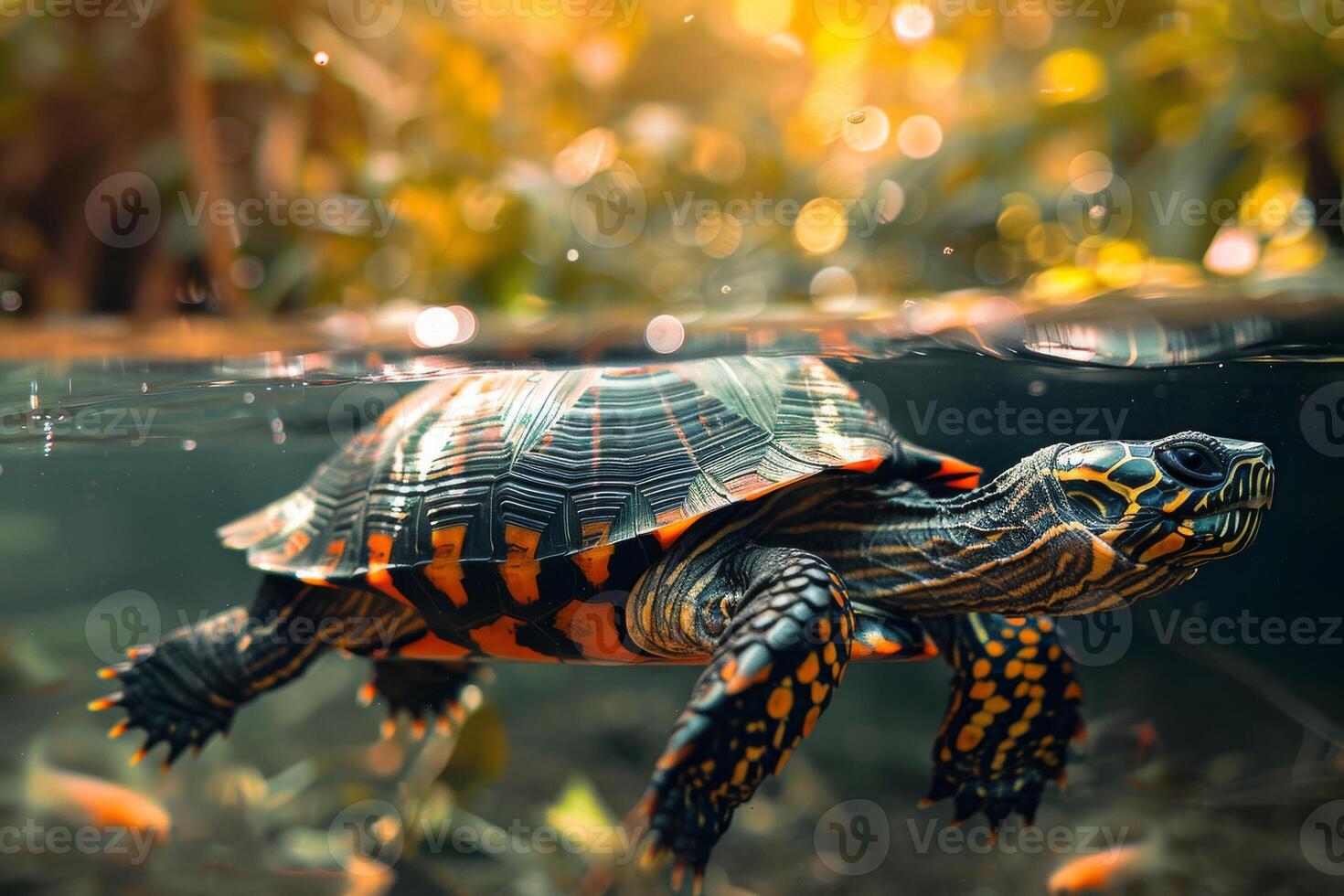 A turtle swimming in the water with sunlight shining on it photo
