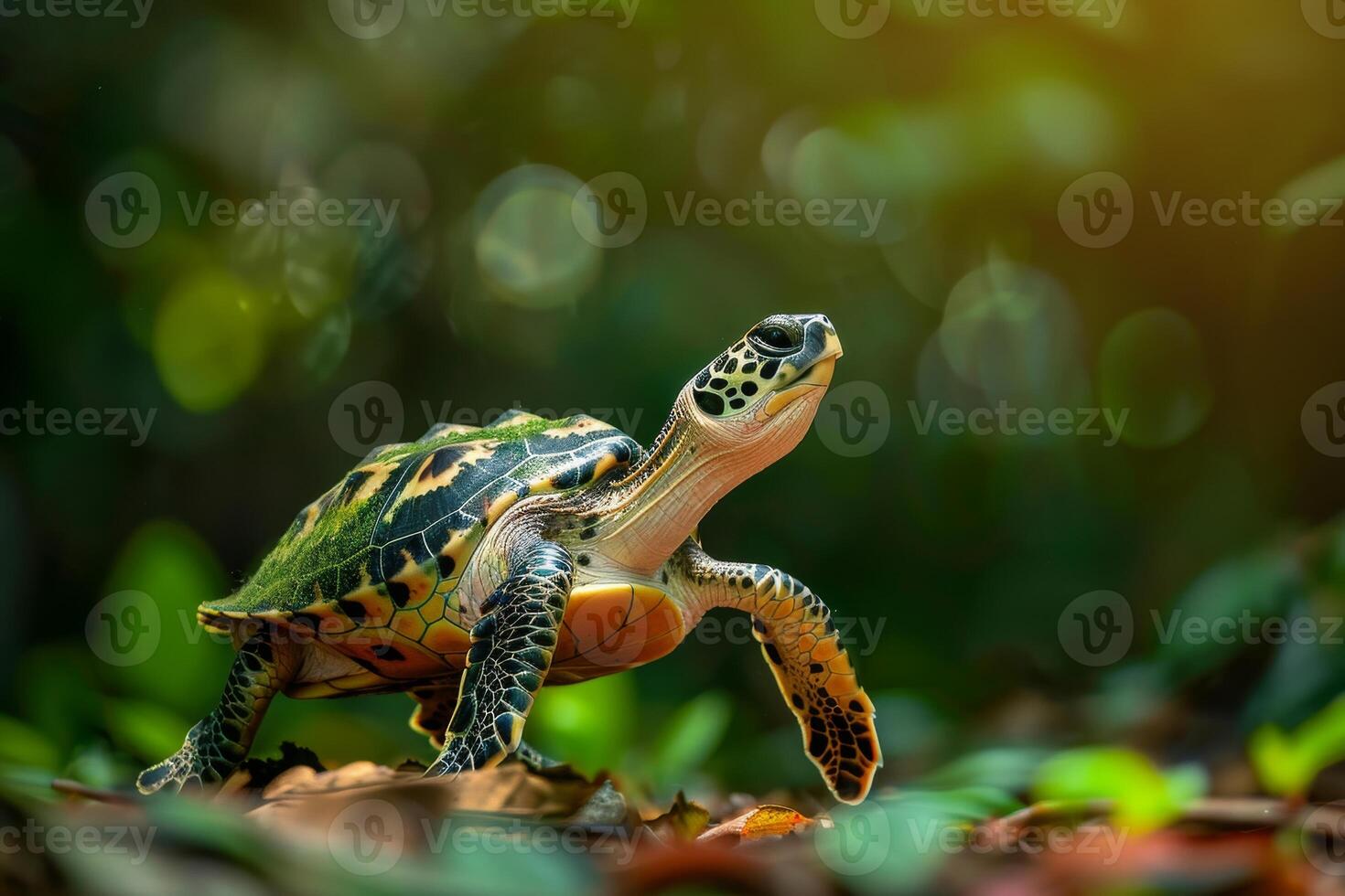 A turtle is walking on the ground in the forest photo