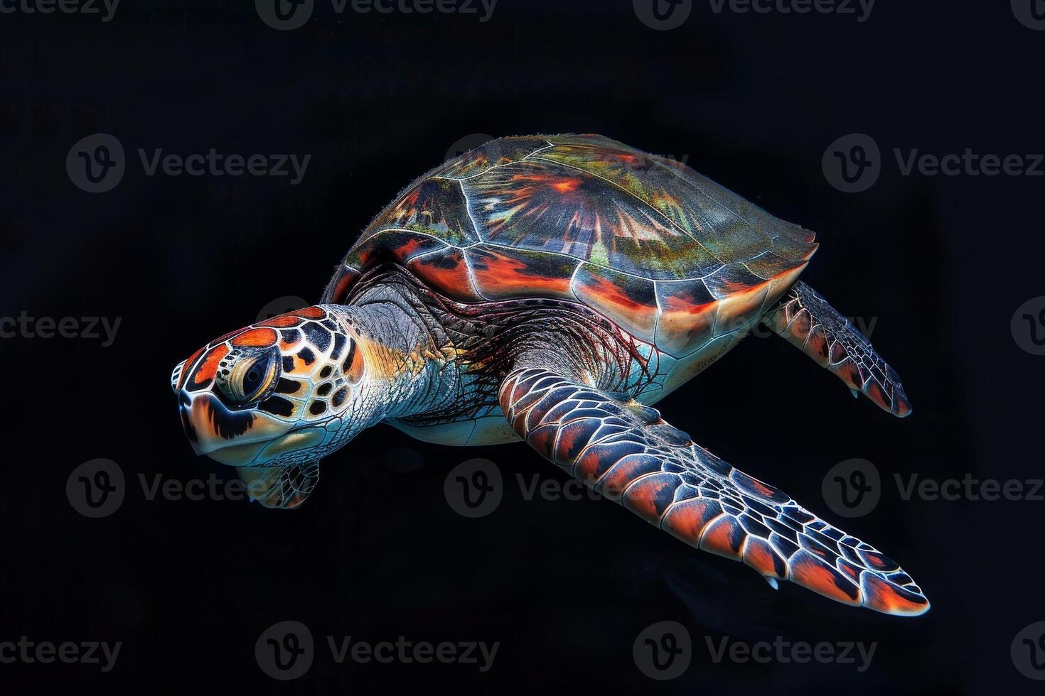 A green sea turtle swimming in the dark photo