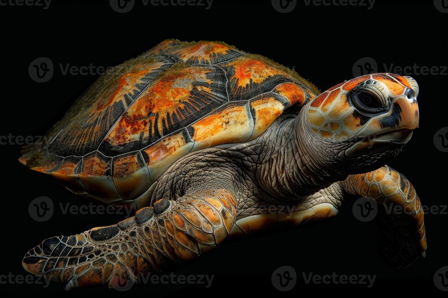 A turtle is shown in a black background photo