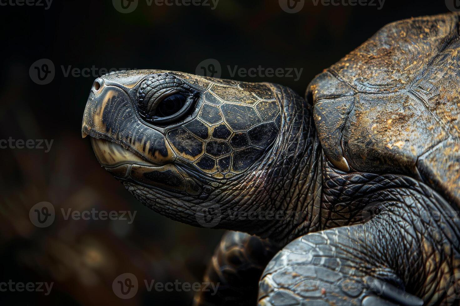 A close up of a turtle with a dark background photo
