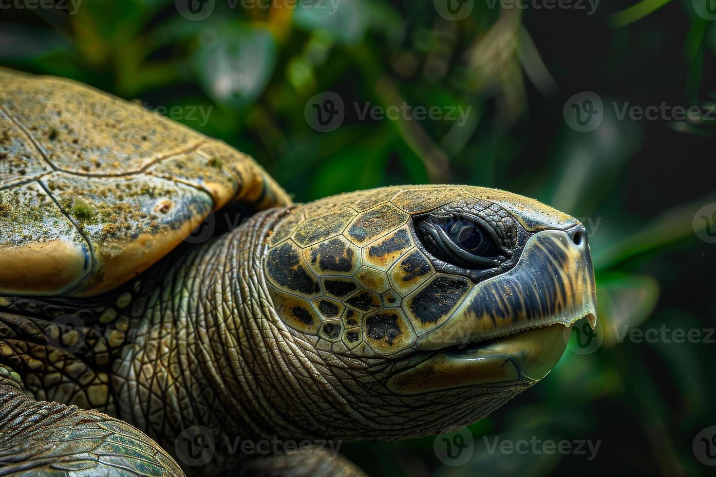 A close up of a turtle with its head turned to the side photo