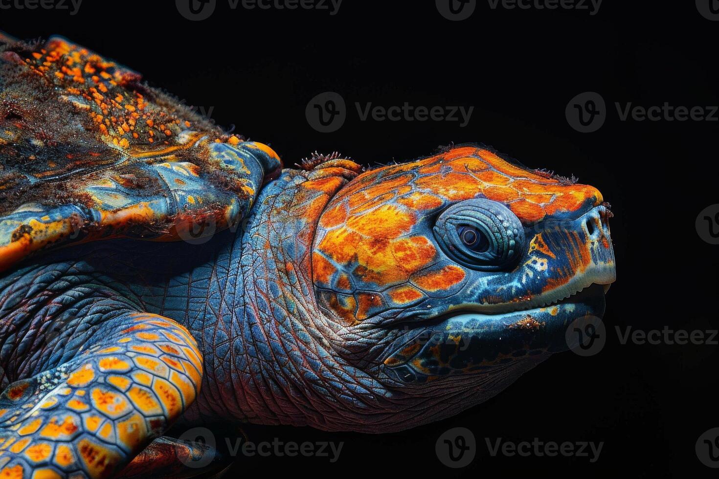A close up of a turtle with orange and blue spots photo