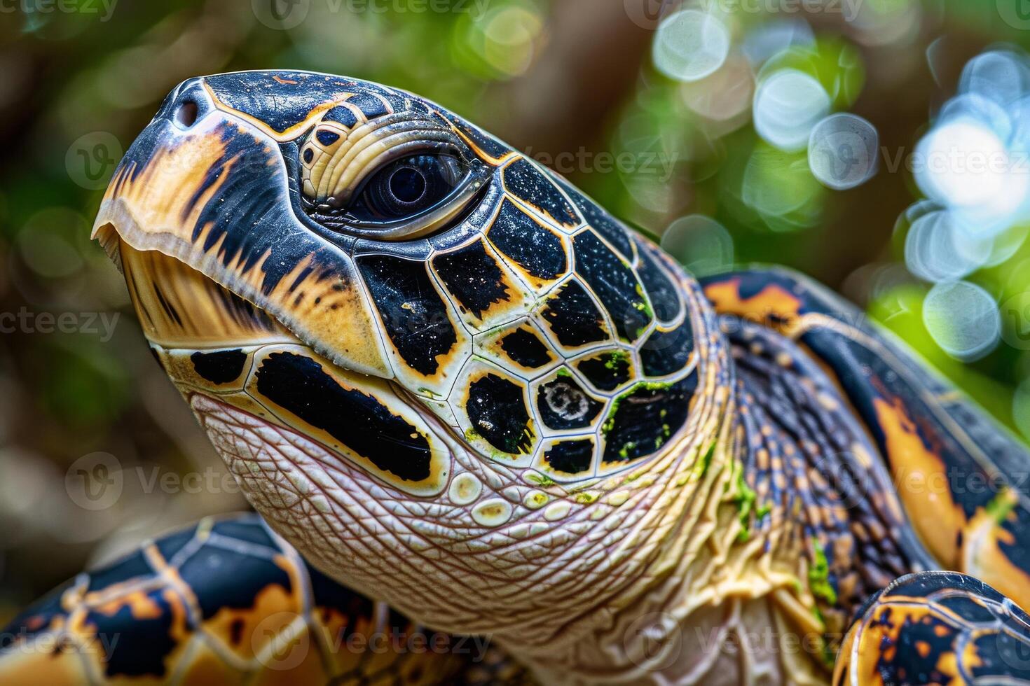 A close up of a turtle with a green background photo