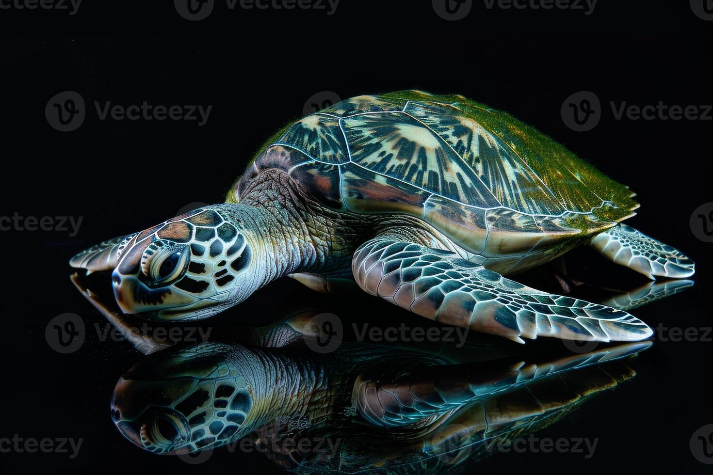 A green turtle is reflected in the water photo