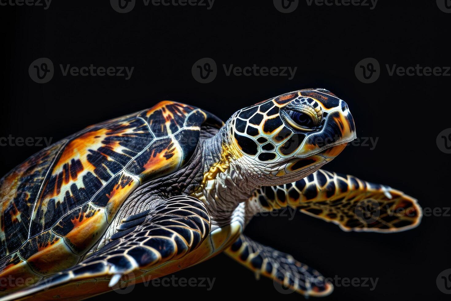 A green turtle is swimming in the dark photo