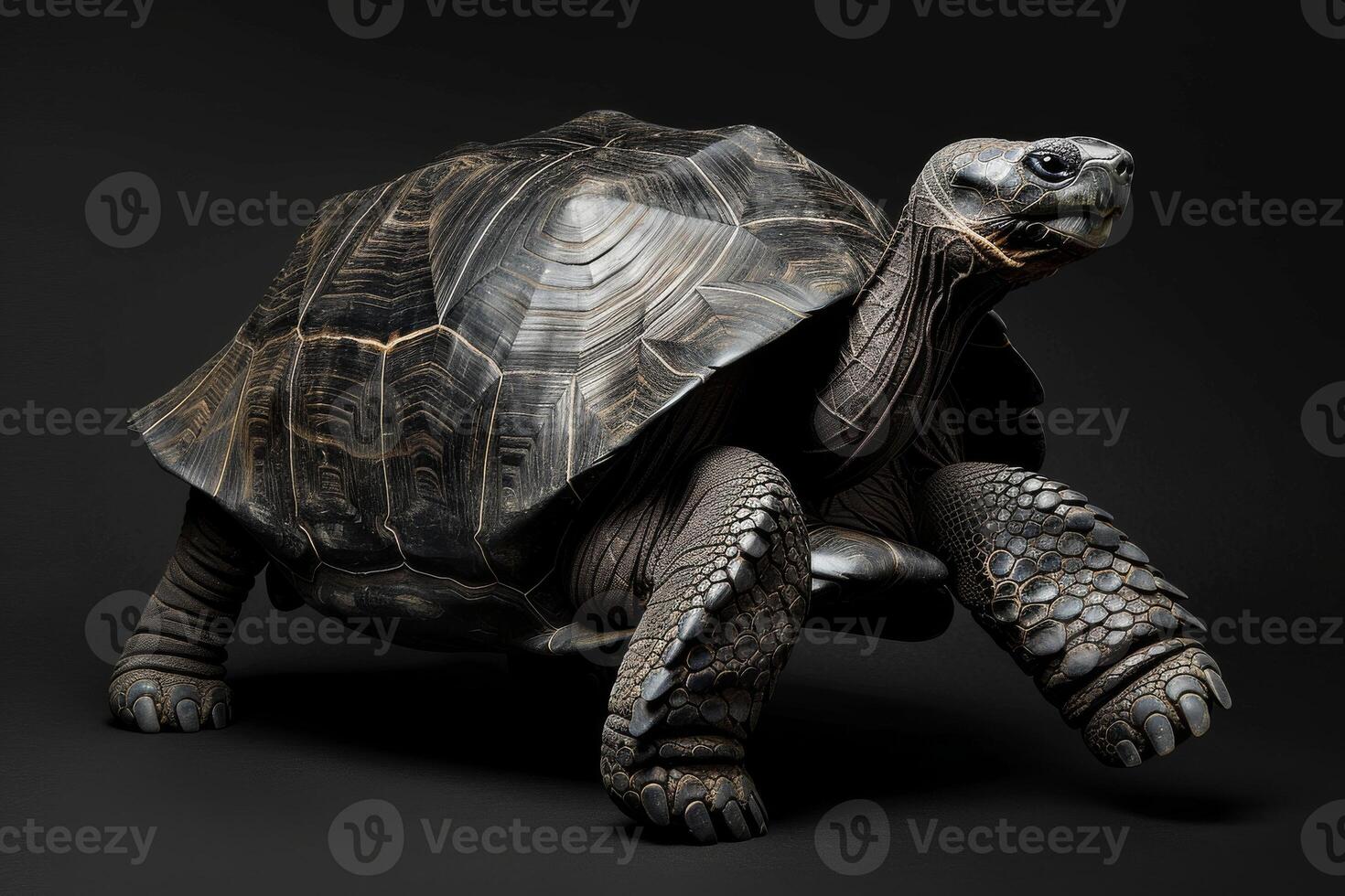 A large tortoise is shown on a black background photo