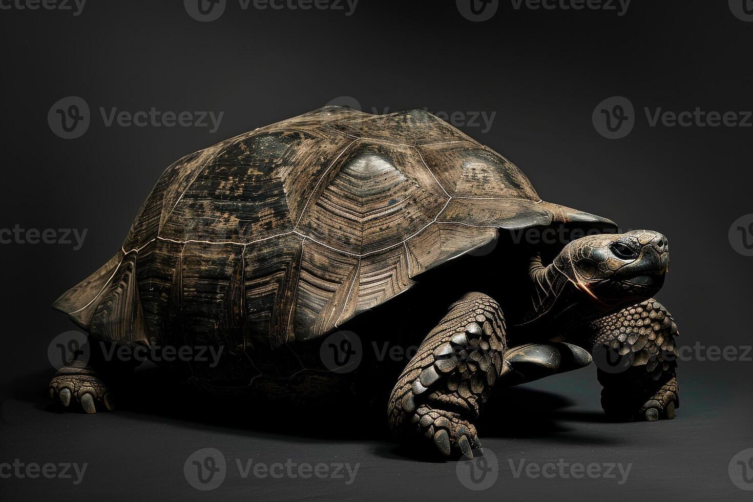 A large tortoise is shown in a dark room photo