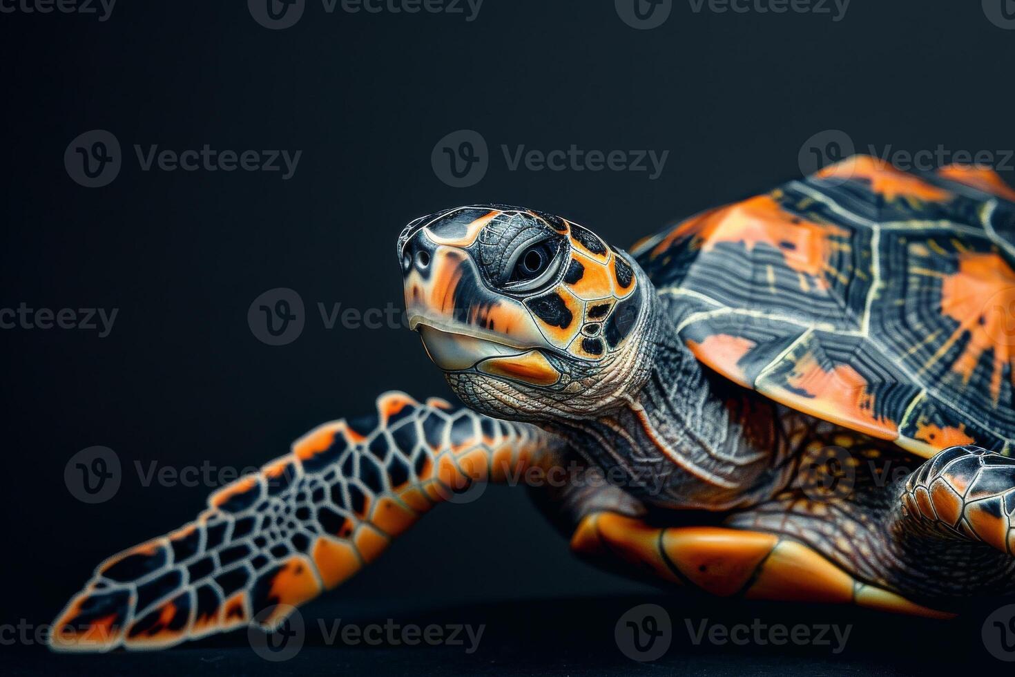 A turtle with orange and black stripes on its shell photo