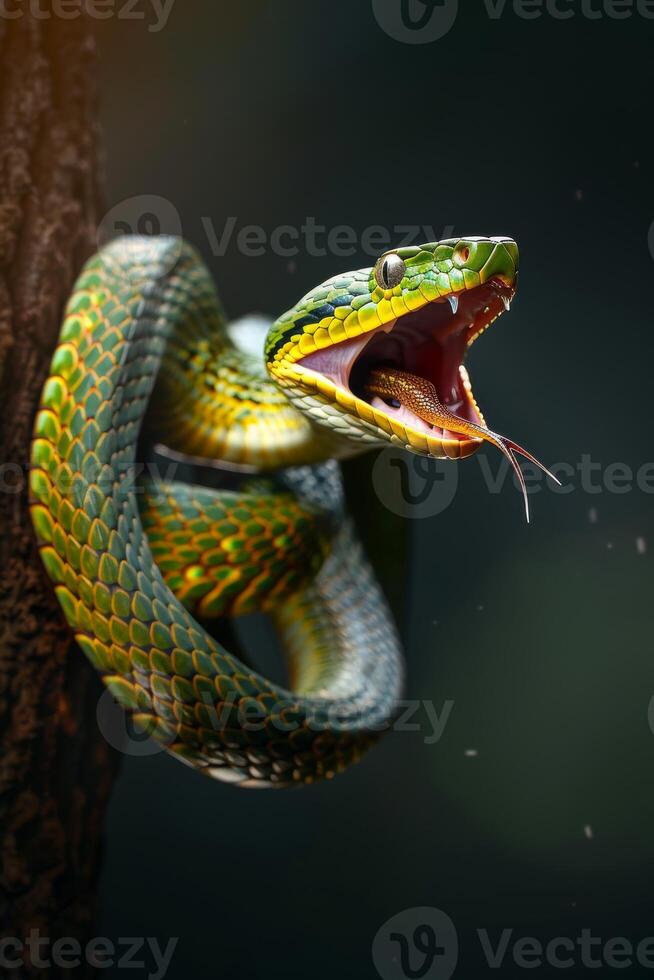 A green snake with its mouth open and its mouth open photo