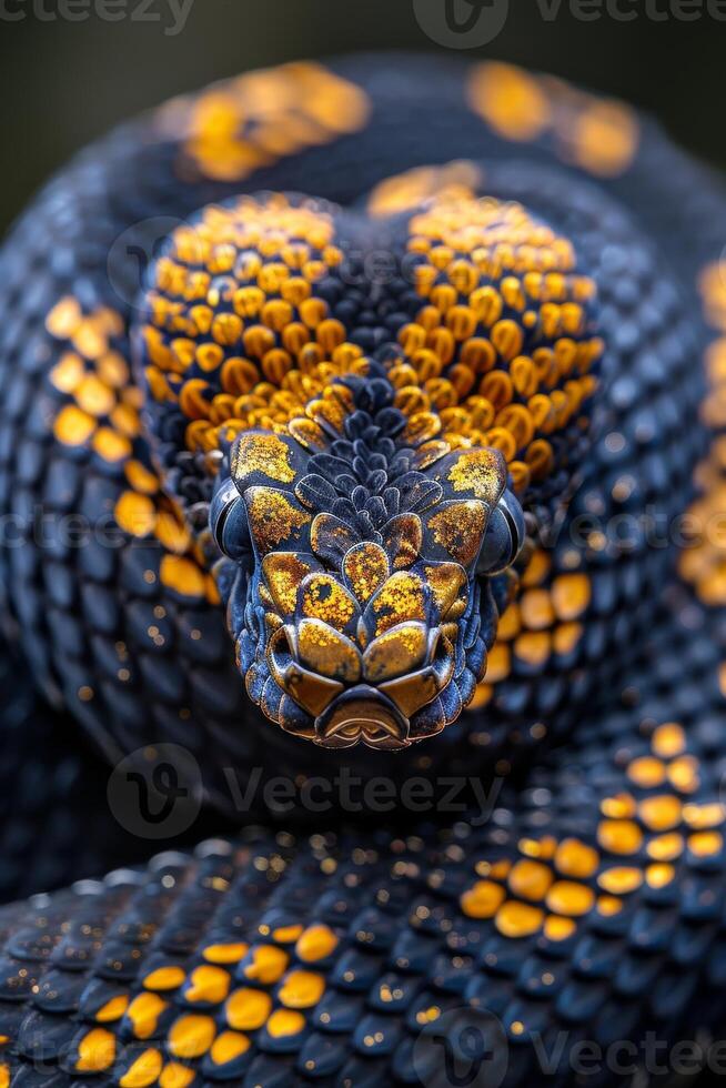 A close up of a snake with black and yellow spots photo