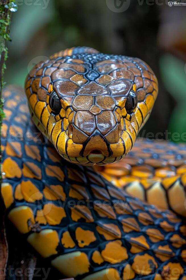 A close up of a snake with black and yellow stripes photo