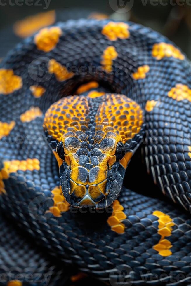 A close up of a snake with black and yellow spots photo