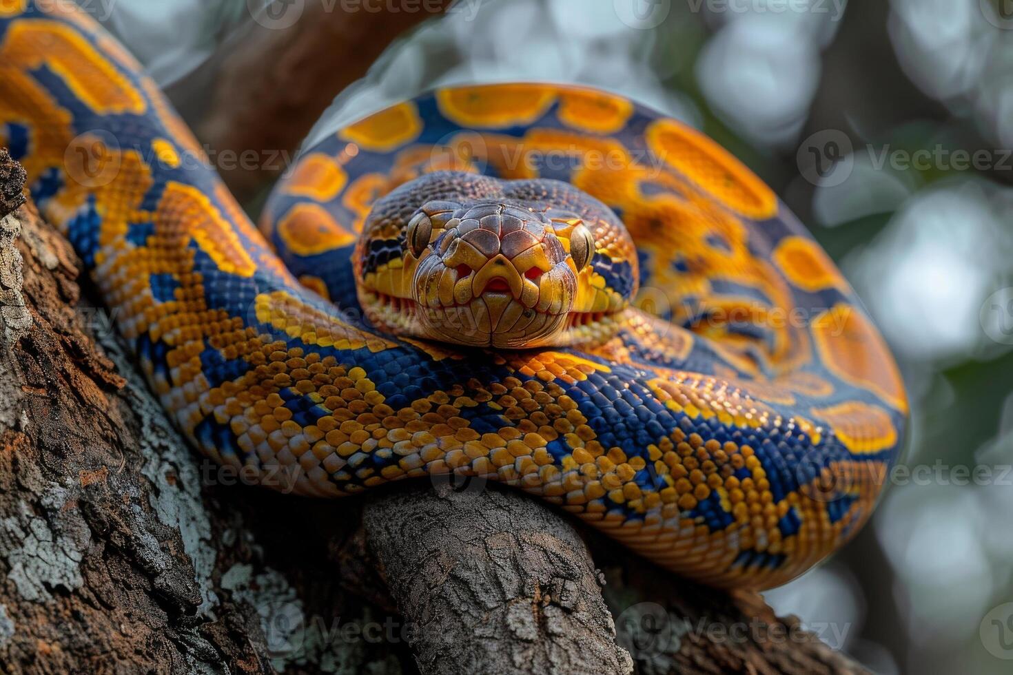 A snake with a bright orange and blue pattern photo