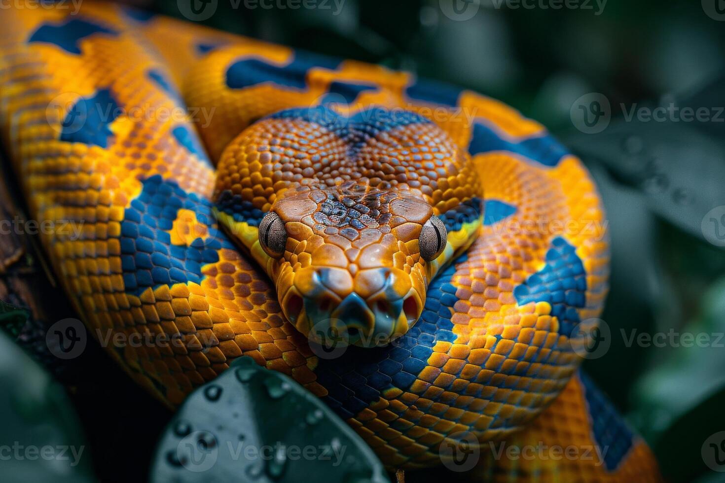 A close up of a snake with a blue and orange pattern photo