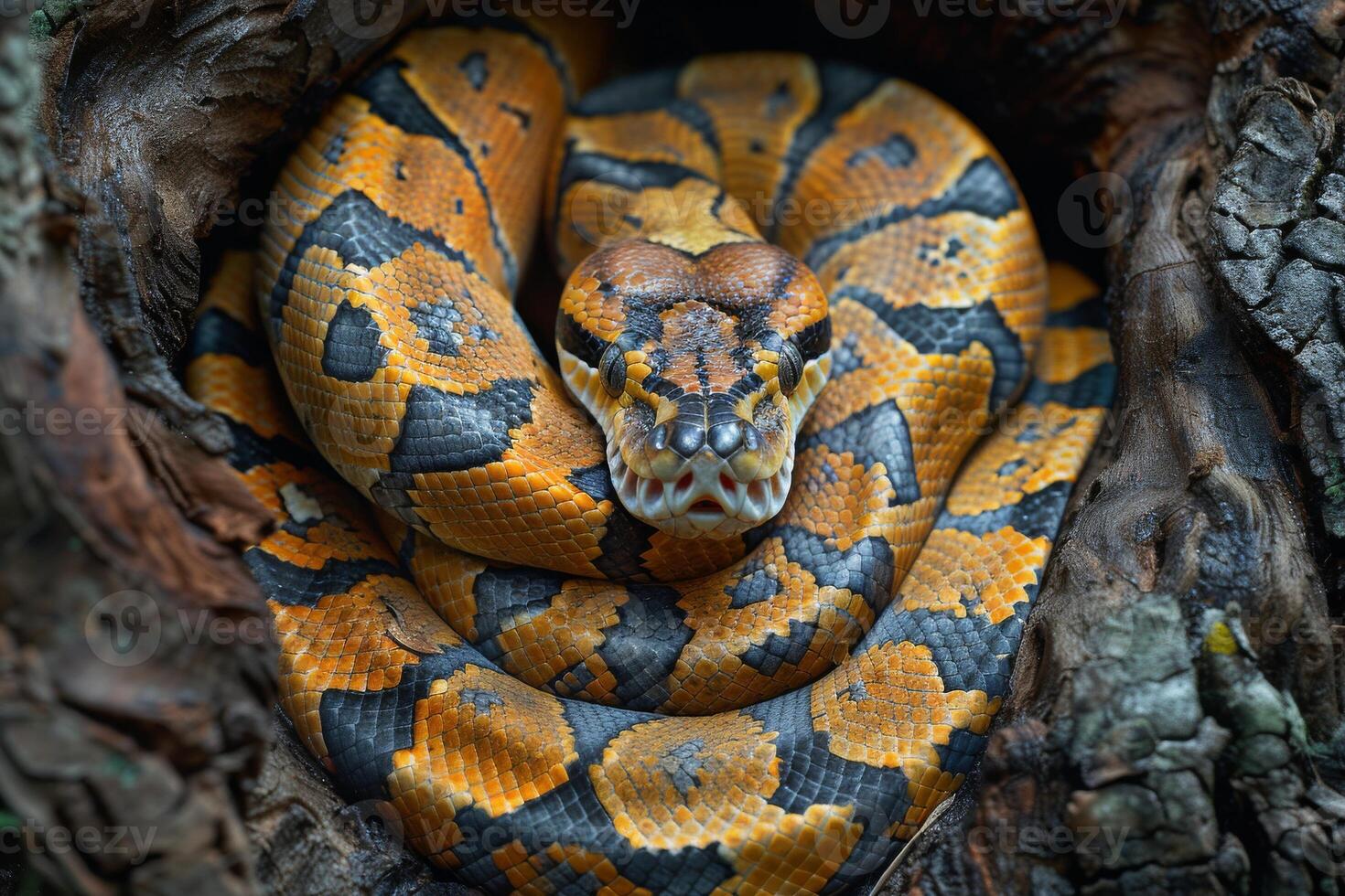 A snake is curled up in a tree photo