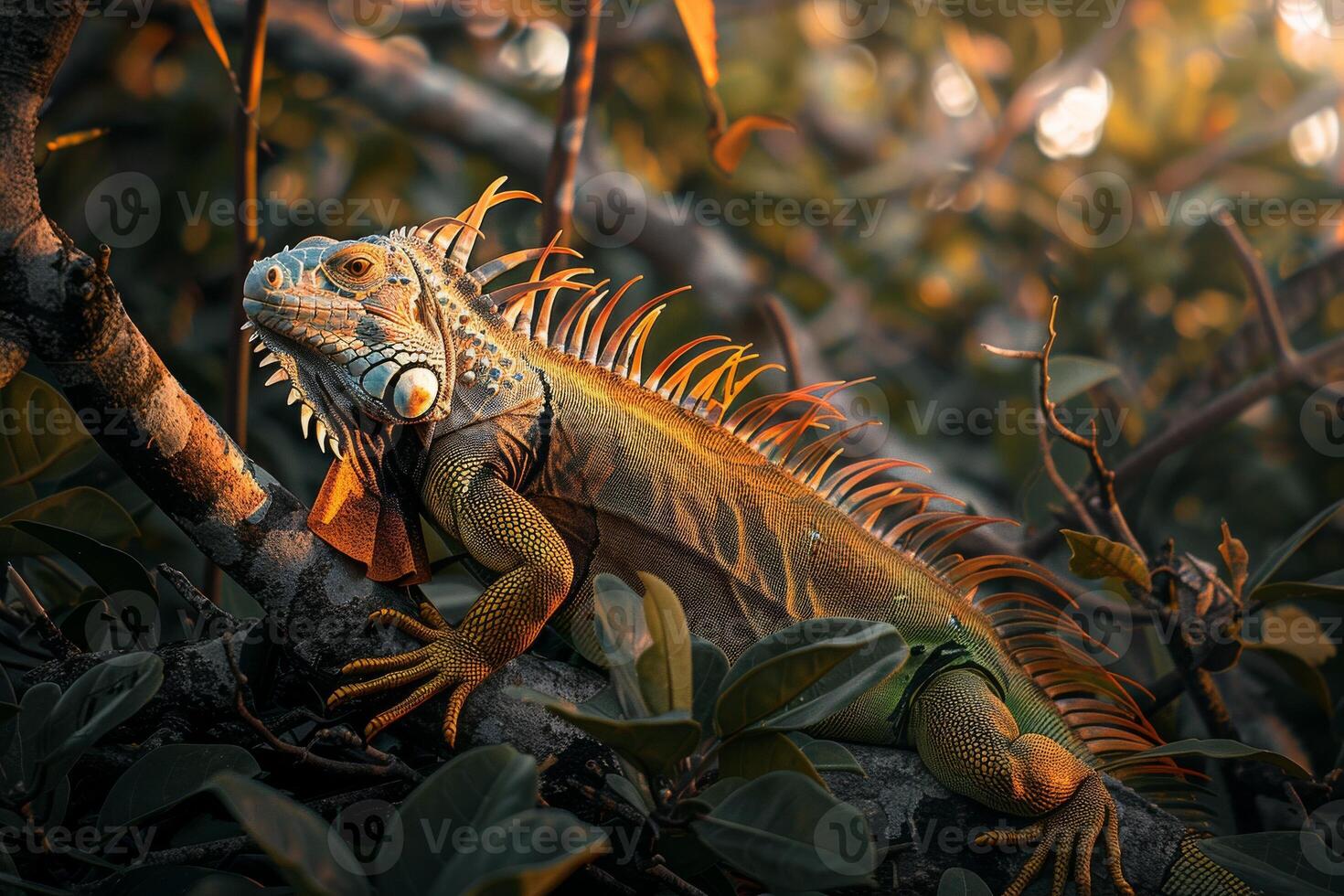 An iguana is sitting on a branch in the sun photo