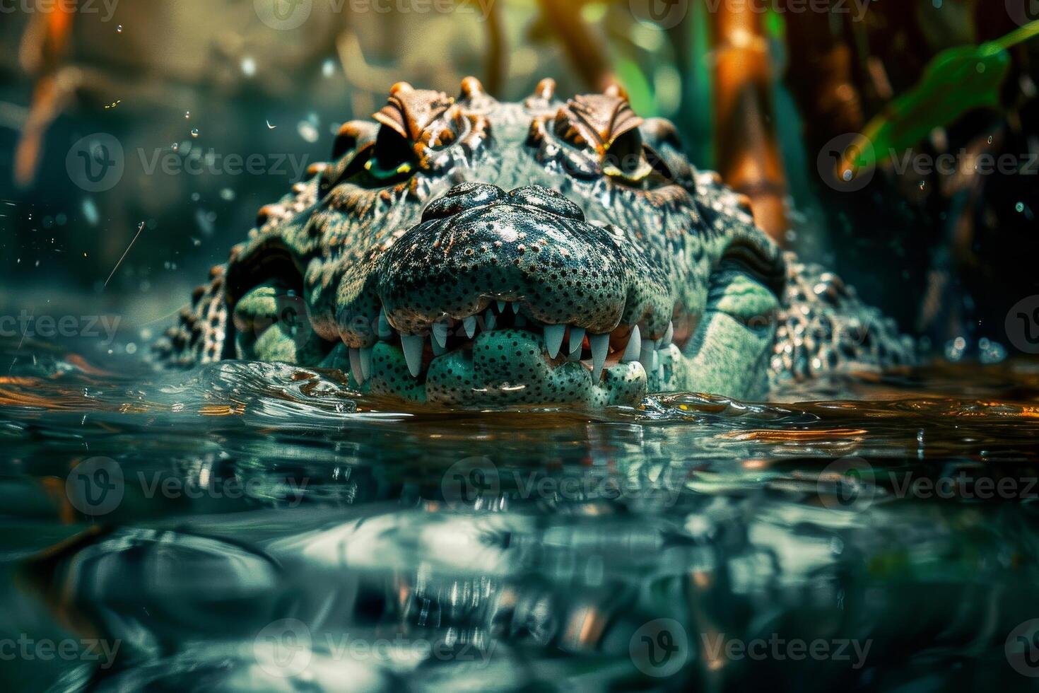 A large alligator is swimming in the water photo