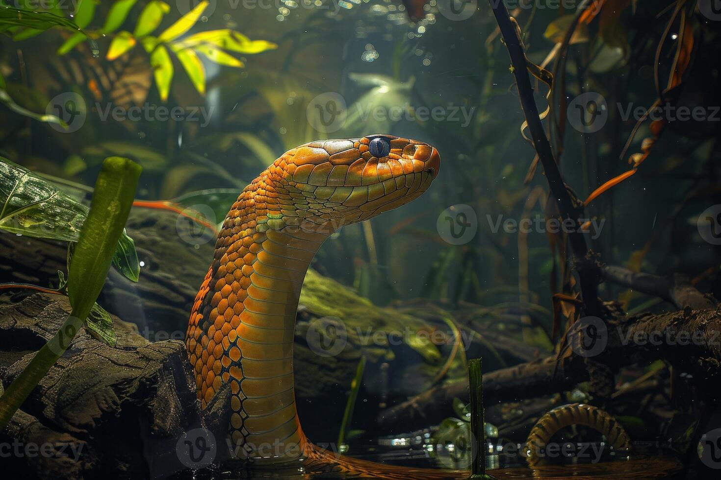 An orange snake is in the water in the jungle photo