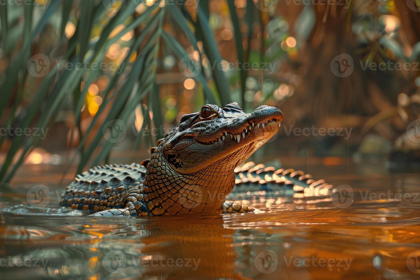 A large alligator is floating in the water photo